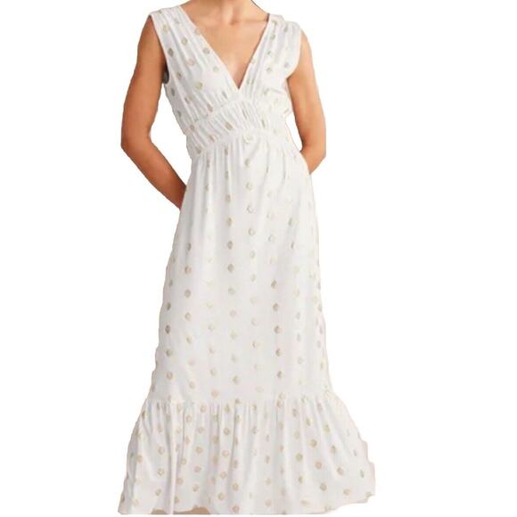 Boden Dresses & Skirts - Boden Maxi Dress Size 16/18 White Gold Foil Leaves Ruffle Hem Deep V-Neck NWT